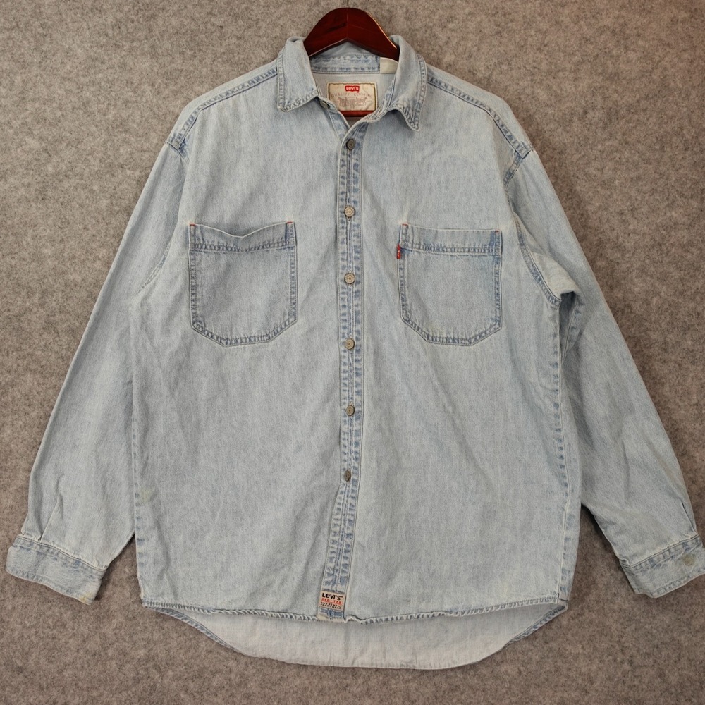 Vintage 90s LEVIS Red Tab Denim Shirt Men L Blue Jean Chore Shacket Western Work